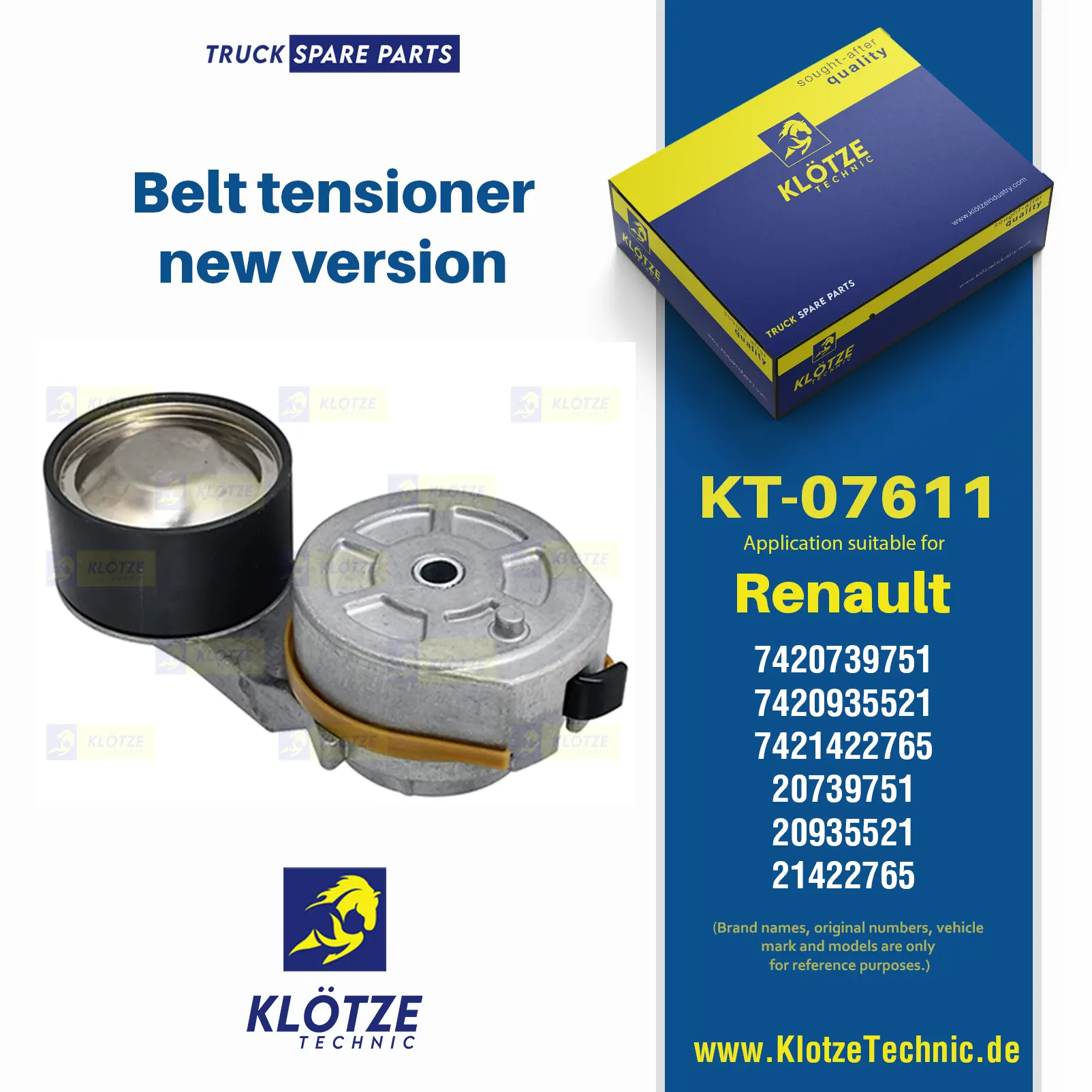 Belt tensioner, new version, 7420739751, 7420935521, 7421422765, 20739751, 20935521, 21422765, ZG00971-0008 || Klötze Technic