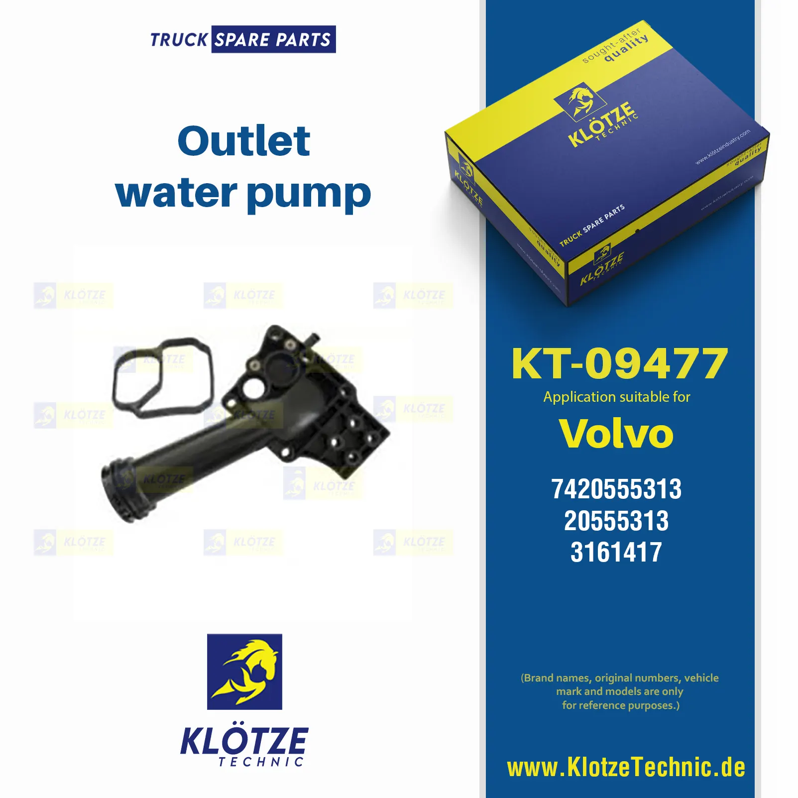 Outlet, water pump, 7420555313, 20555313, 3161417 || Klötze Technic