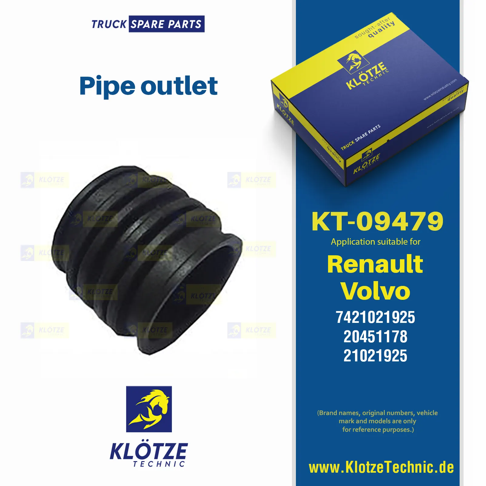 Pipe, outlet, 7421021925, 20451178, 21021925 || Klötze Technic