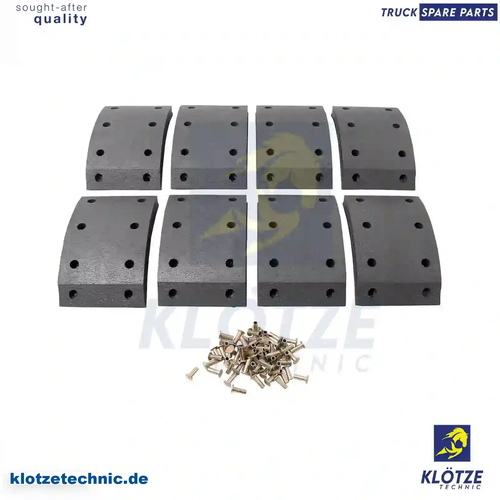 Drum brake lining kit, axle kit, 133460, 162978, 551010, 551057, 551057S, 551080, 551152, 551152S, 551168, 551168S, 551187, 552118, 751010 || Klötze Technic