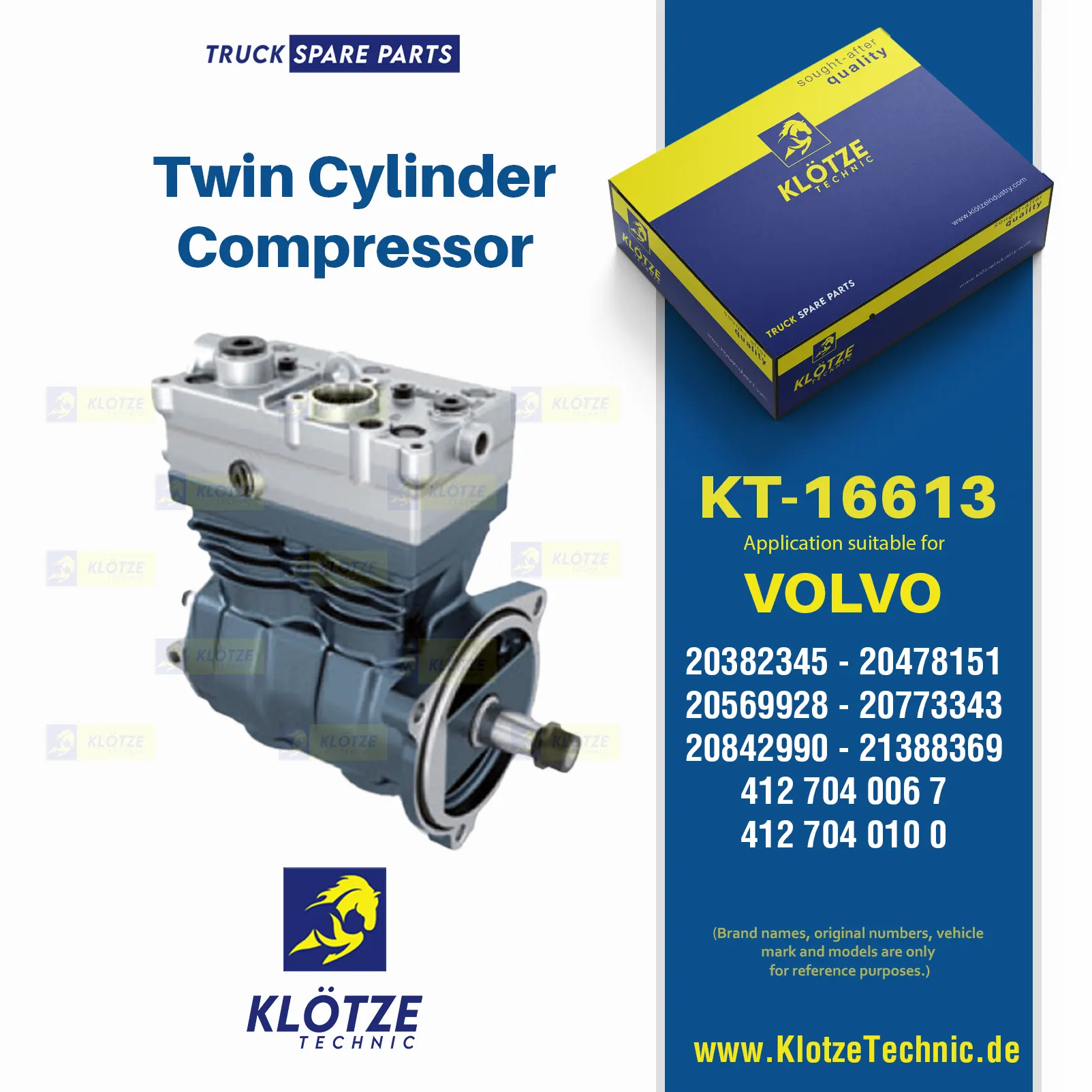 Compressor, 1523988, 1523988A, 1523988R, 0020478151, 0020569928, 0020773343, 0020842990, 1932583, 20382345, 20478151, 20569928, 20773343, 20842990, 21388369, 85000115, 85000360, 85000487, 85000614, 85006115, 85013179 || Klötze Technic