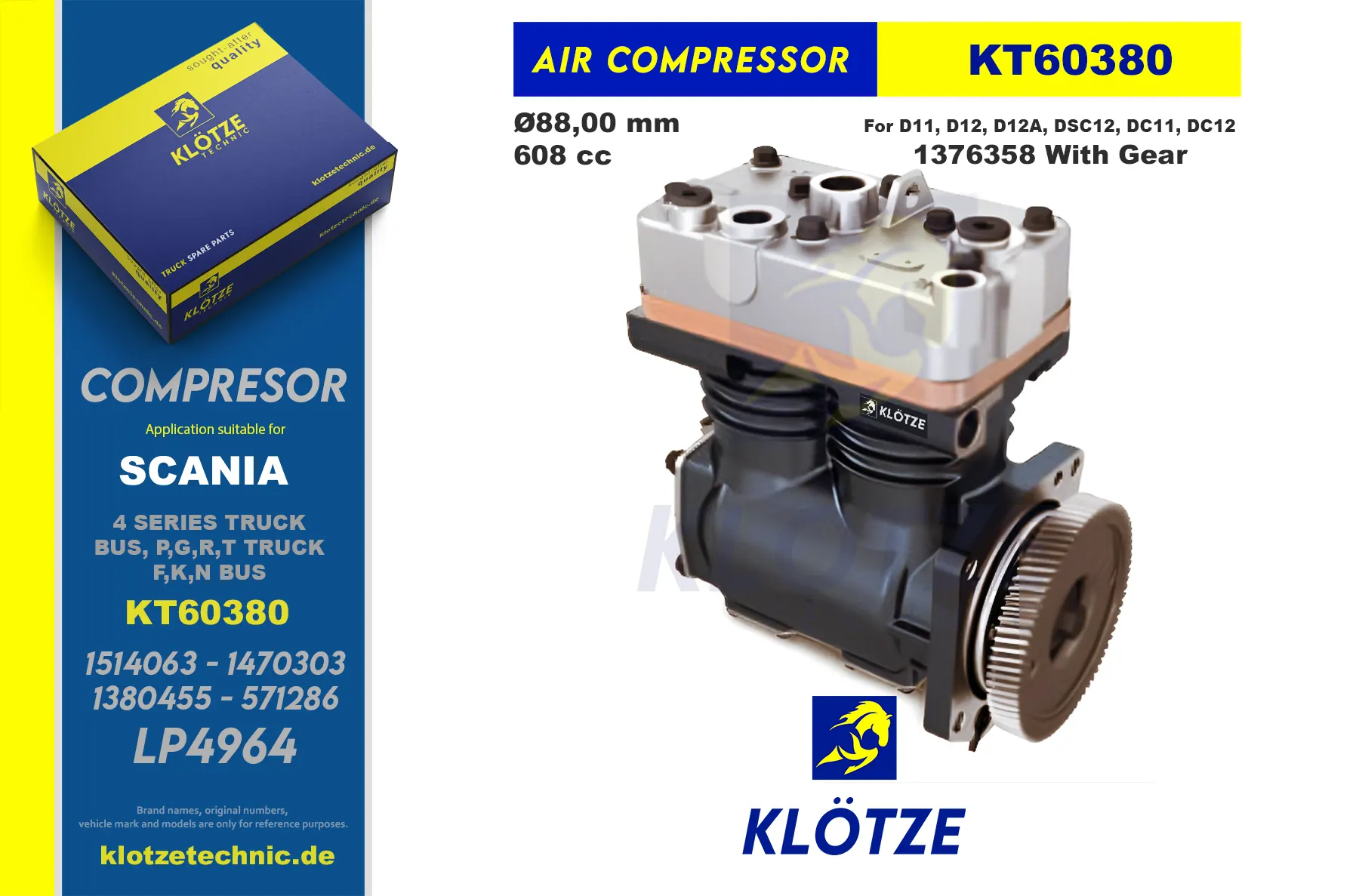 Twin Cylinder Compressor, 1514063, 1470303, 1380455, 571286, 10571286, 1470304, LP4964, K002046000, K002046X00 || Klötze Technic