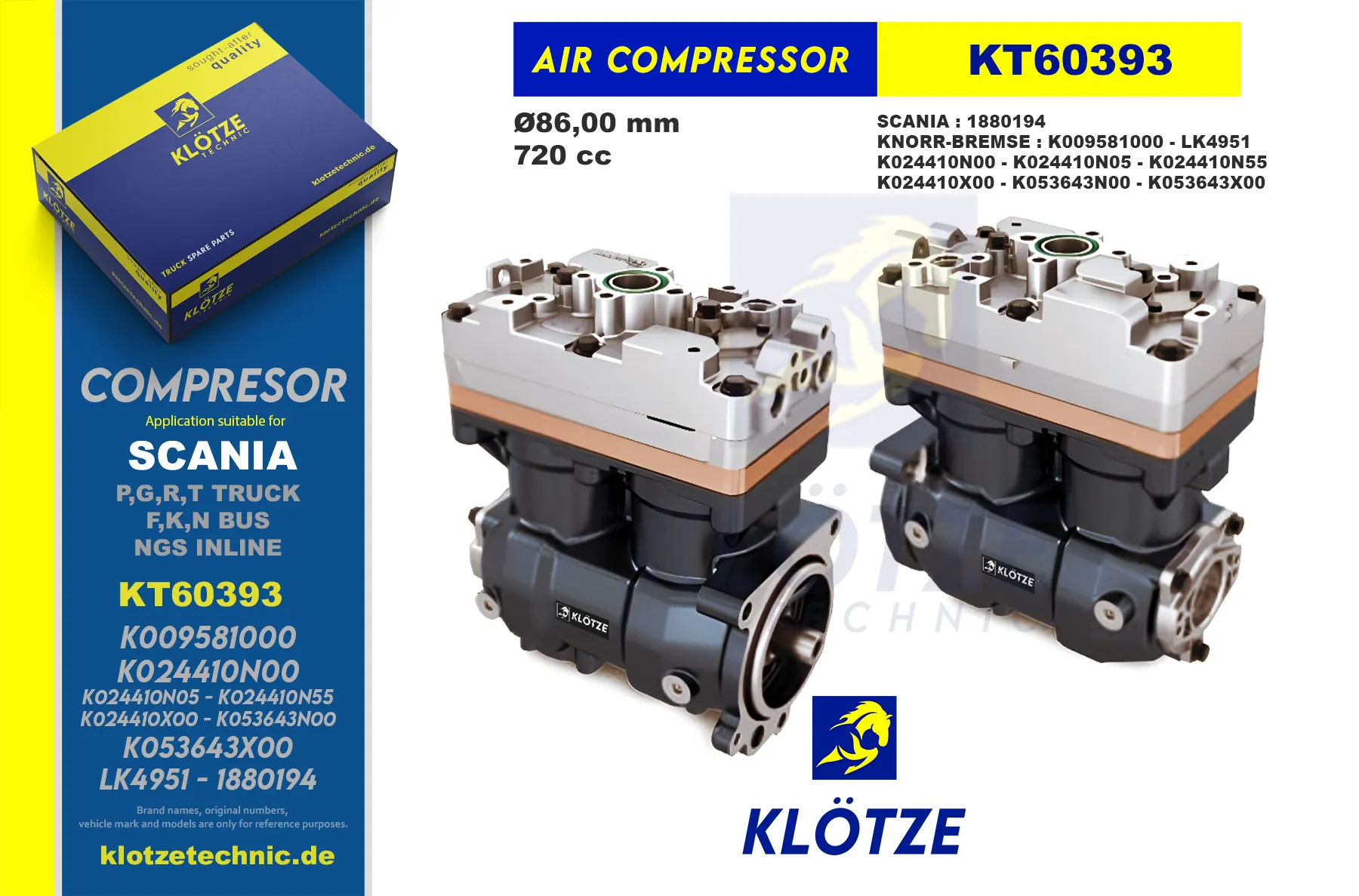 Twin Cylinder Compressor, 1880194, K009581000, K024410N00, K024410N05, K024410N55, K024410X00, K053643N00, K053643X00, LK4951 || Klötze Technic