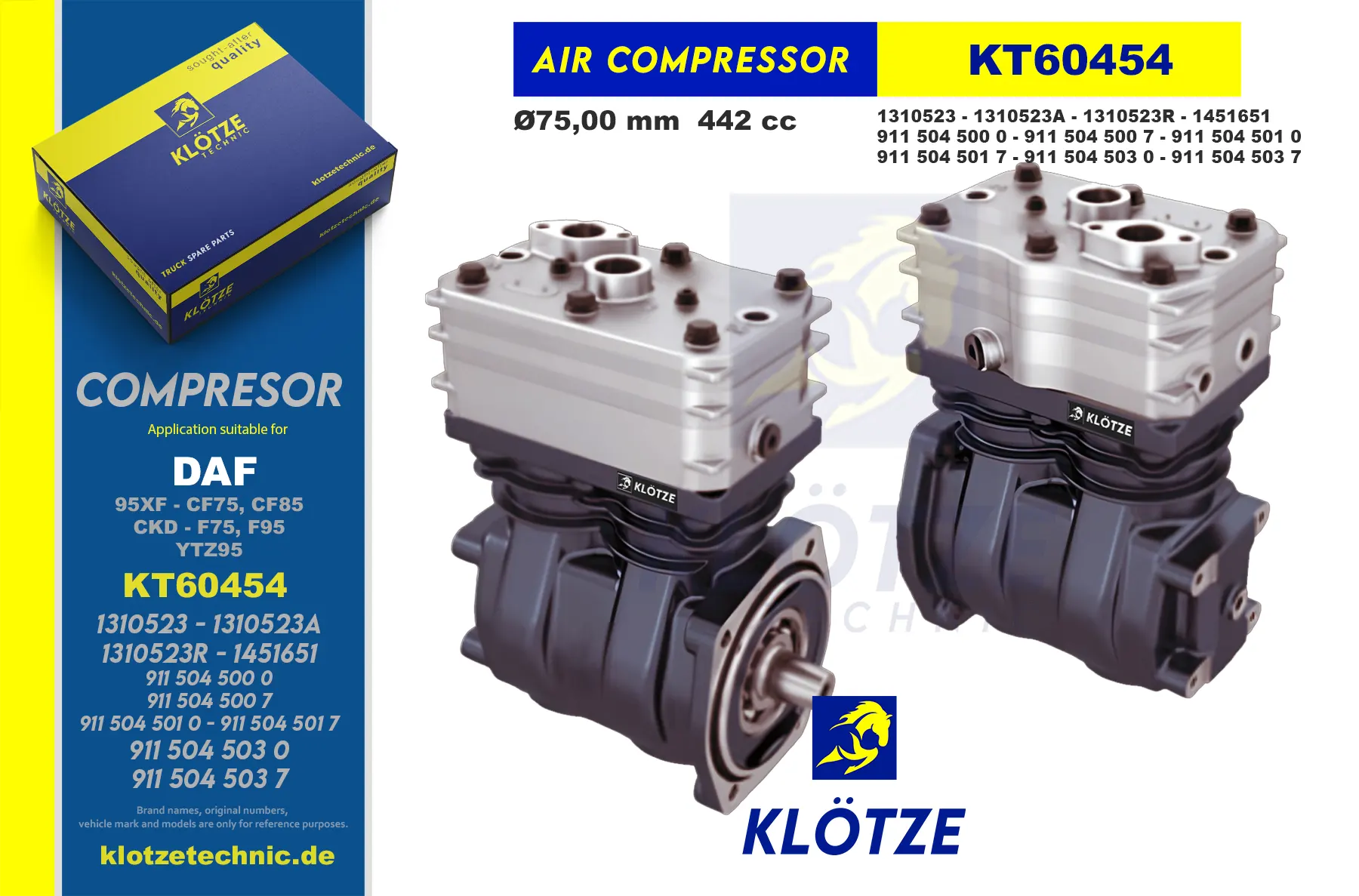 Twin Cylinder Compressor, 1310523, 1310523A, 1310523R, 1451651,9115045000, 9115045007, 9115045010, 9115045017, 9115045030, 9115045037 || Klötze Technic