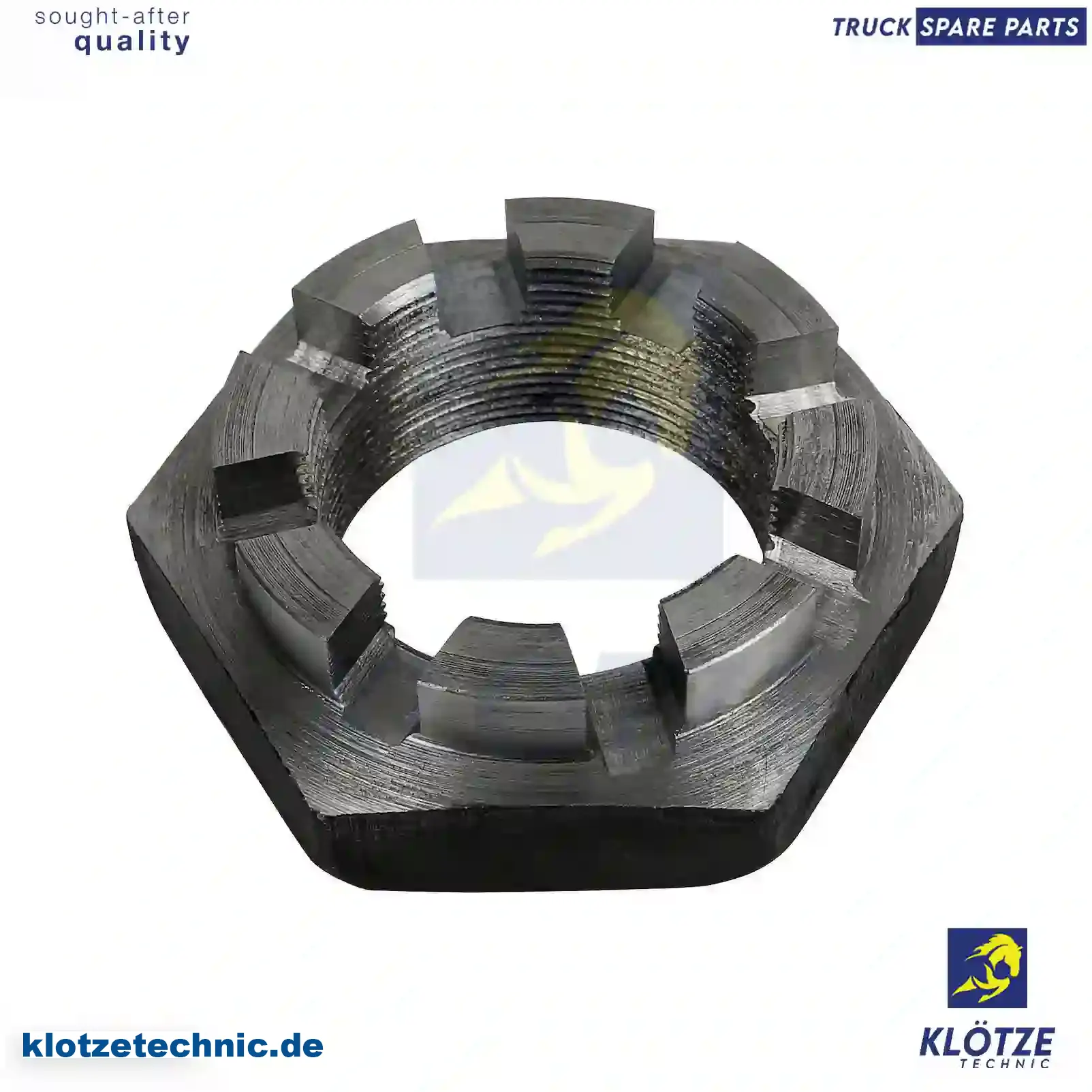 Castle nut, 9901555 || Klötze Technic Spare Part | Engine, Accelerator Pedal, Camshaft, Connecting Rod, Crankcase, Crankshaft, Cylinder Head, Engine Suspension Mountings, Exhaust Manifold, Exhaust Gas Recirculation, Filter Kits, Flywheel Housing, General Overhaul Kits, Engine, Intake Manifold, Oil Cleaner, Oil Cooler, Oil Filter, Oil Pump, Oil Sump, Piston & Liner, Sensor & Switch, Timing Case, Turbocharger, Cooling System, Belt Tensioner, Coolant Filter, Coolant Pipe, Corrosion Prevention Agent, Drive, Expansion Tank, Fan, Intercooler, Monitors & Gauges, Radiator, Thermostat, V-Belt / Timing belt, Water Pump, Fuel System, Electronical Injector Unit, Feed Pump, Fuel Filter, cpl., Fuel Gauge Sender,  Fuel Line, Fuel Pump, Fuel Tank, Injection Line Kit, Injection Pump, Exhaust System, Clutch & Pedal, Gearbox, Propeller Shaft, Axles, Brake System, Hubs & Wheels, Suspension, Leaf Spring, Universal Parts / Accessories, Steering, Electrical System, Cabin