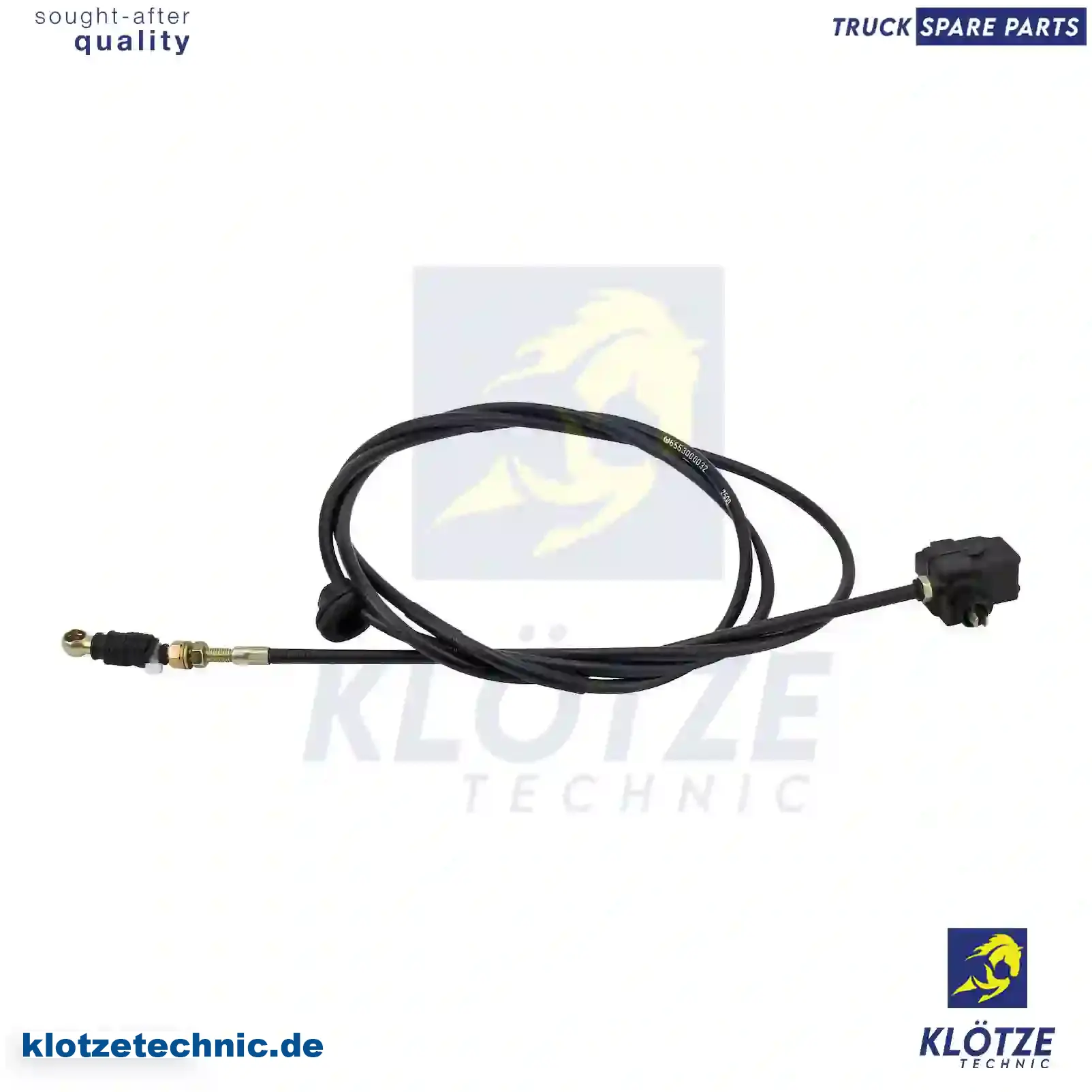 Throttle cable, hand throttle control, 6553000032 || Klötze Technic Spare Part | Engine, Accelerator Pedal, Camshaft, Connecting Rod, Crankcase, Crankshaft, Cylinder Head, Engine Suspension Mountings, Exhaust Manifold, Exhaust Gas Recirculation, Filter Kits, Flywheel Housing, General Overhaul Kits, Engine, Intake Manifold, Oil Cleaner, Oil Cooler, Oil Filter, Oil Pump, Oil Sump, Piston & Liner, Sensor & Switch, Timing Case, Turbocharger, Cooling System, Belt Tensioner, Coolant Filter, Coolant Pipe, Corrosion Prevention Agent, Drive, Expansion Tank, Fan, Intercooler, Monitors & Gauges, Radiator, Thermostat, V-Belt / Timing belt, Water Pump, Fuel System, Electronical Injector Unit, Feed Pump, Fuel Filter, cpl., Fuel Gauge Sender,  Fuel Line, Fuel Pump, Fuel Tank, Injection Line Kit, Injection Pump, Exhaust System, Clutch & Pedal, Gearbox, Propeller Shaft, Axles, Brake System, Hubs & Wheels, Suspension, Leaf Spring, Universal Parts / Accessories, Steering, Electrical System, Cabin