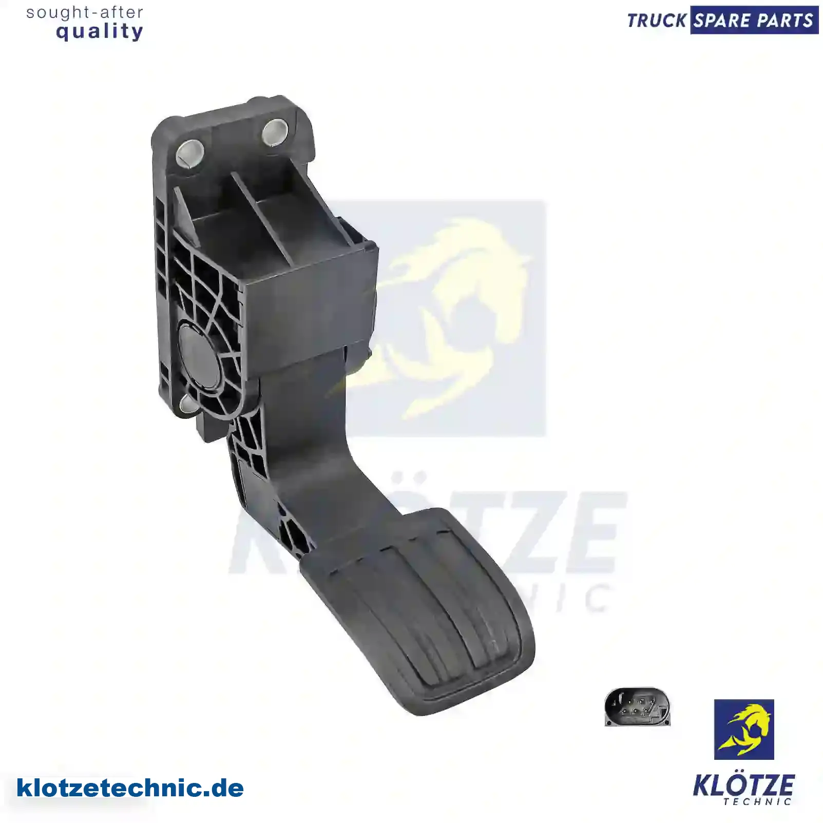 Accelerator pedal, with sensor, without adapter plate, 1845521 || Klötze Technic Spare Part | Engine, Accelerator Pedal, Camshaft, Connecting Rod, Crankcase, Crankshaft, Cylinder Head, Engine Suspension Mountings, Exhaust Manifold, Exhaust Gas Recirculation, Filter Kits, Flywheel Housing, General Overhaul Kits, Engine, Intake Manifold, Oil Cleaner, Oil Cooler, Oil Filter, Oil Pump, Oil Sump, Piston & Liner, Sensor & Switch, Timing Case, Turbocharger, Cooling System, Belt Tensioner, Coolant Filter, Coolant Pipe, Corrosion Prevention Agent, Drive, Expansion Tank, Fan, Intercooler, Monitors & Gauges, Radiator, Thermostat, V-Belt / Timing belt, Water Pump, Fuel System, Electronical Injector Unit, Feed Pump, Fuel Filter, cpl., Fuel Gauge Sender,  Fuel Line, Fuel Pump, Fuel Tank, Injection Line Kit, Injection Pump, Exhaust System, Clutch & Pedal, Gearbox, Propeller Shaft, Axles, Brake System, Hubs & Wheels, Suspension, Leaf Spring, Universal Parts / Accessories, Steering, Electrical System, Cabin