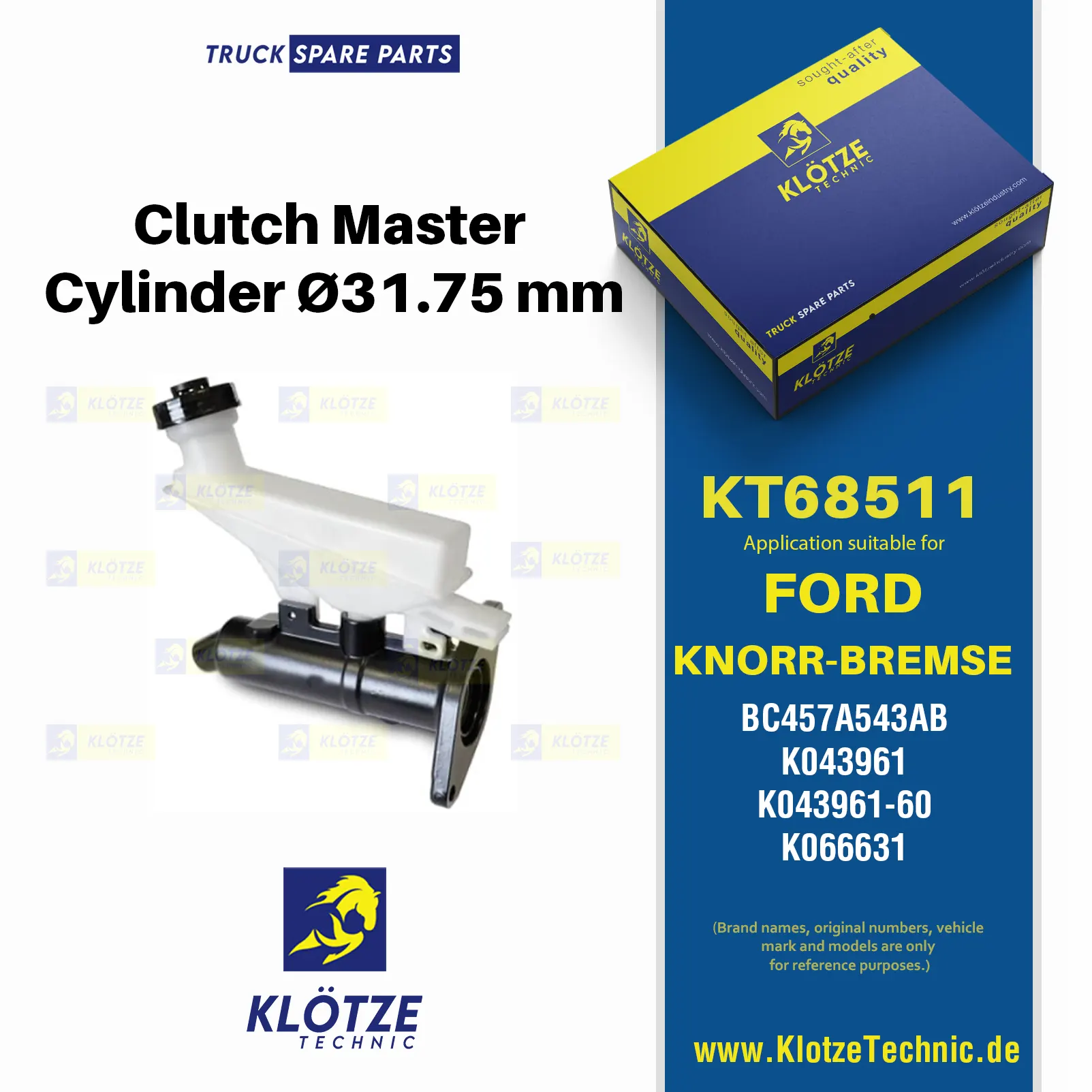 Clutch Master Cylinder Ø31.75 mm,  || Klötze Technic Spare Part | Engine, Accelerator Pedal, Camshaft, Connecting Rod, Crankcase, Crankshaft, Cylinder Head, Engine Suspension Mountings, Exhaust Manifold, Exhaust Gas Recirculation, Filter Kits, Flywheel Housing, General Overhaul Kits, Engine, Intake Manifold, Oil Cleaner, Oil Cooler, Oil Filter, Oil Pump, Oil Sump, Piston & Liner, Sensor & Switch, Timing Case, Turbocharger, Cooling System, Belt Tensioner, Coolant Filter, Coolant Pipe, Corrosion Prevention Agent, Drive, Expansion Tank, Fan, Intercooler, Monitors & Gauges, Radiator, Thermostat, V-Belt / Timing belt, Water Pump, Fuel System, Electronical Injector Unit, Feed Pump, Fuel Filter, cpl., Fuel Gauge Sender,  Fuel Line, Fuel Pump, Fuel Tank, Injection Line Kit, Injection Pump, Exhaust System, Clutch & Pedal, Gearbox, Propeller Shaft, Axles, Brake System, Hubs & Wheels, Suspension, Leaf Spring, Universal Parts / Accessories, Steering, Electrical System, Cabin